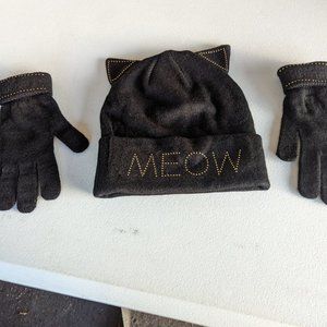 H&M Divided Beanie Hat Gold Studded "Meow" Cat Ears and Mittens Black